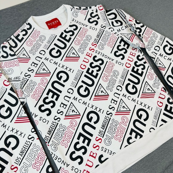 GUESS White and Black Graphic Crewneck Sweater - Picture 1 of 6
